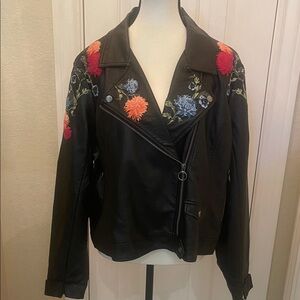 Black Faux Leather Moto Jacket with Vibrant Floral Embroidery